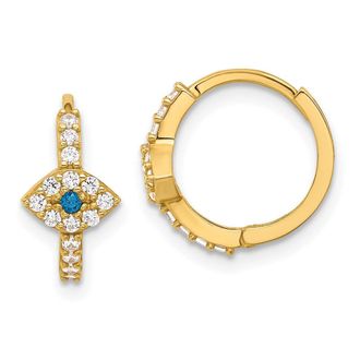 Diamond2Deal 10K Yellow Gold White & Blue CZ Evil Eye Hinged Hoop Earring
