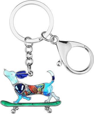 Generic Enamel Alloy Rhinestone Skateboard Dachshund Dog Keychain Jewelry For Women Girls Bag Wallet Charm (Blue), 30mm x 40mm