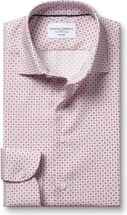 CHARLES TYRWHITT Non-Iron Stretch Print Cotton Shirt - White & Red Single Cuff Size 14.5/32 by Charles Tyrwhitt