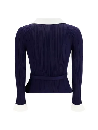 Self Portrait Pearl-Button Ribbed Cardigan - Navy