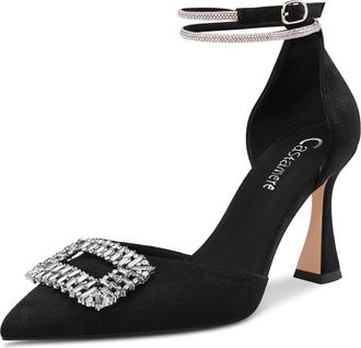 Castamere Women High Chunky Block Heel Diamond Crystal Ankle Strap Pointed Toe Pumps Court Shoe Cute 8.5 CM Heels Black Suede 7.5 UK