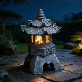OEM 1 Farol Japon&eacute;s De Resina Con Iluminaci&oacute;n Led Solar, Estilo Pagoda, Color Gris, Para Jard&iacute;n, Patio O Uso Exterior