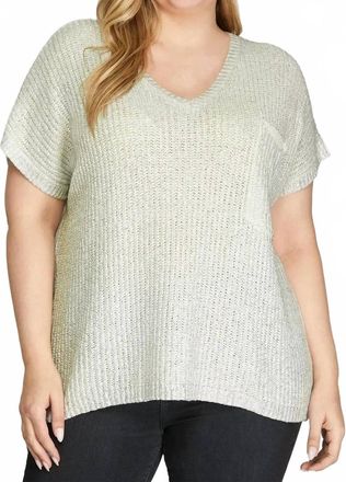 She + Sky Short Sleeve V Neck Metallic Coated Sweater In Off White