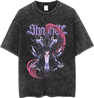 Generic Solo Leveling Anime T-Shirt, Vintage Washed Unisex Short Sleeve Tee, Sung Jinwoo Graphic Solo Leveling Merch for Men & Women (Black-1,L)