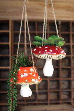 Kalalou Set Of Two Ceramic Toadstool Hanging Planters