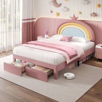 Matteo Stylish Rainbow Headboard With Crown, Pink (No Mattress) | Size: Double