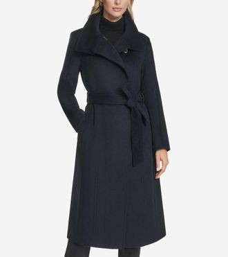 Cole Haan Womens Slick Wool Belted Coat - Blue Size 14