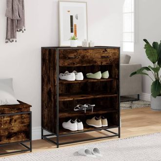 Berkfield Home Shoe Cabinet Smoked Oak 75x38x97.5 cm Engineered Wood & Metal in Brown