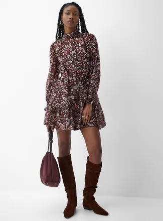 Icone Womens Sheer floral chiffon ruffled collar minidress