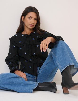 Nobody's Child Navy Floral Embroidered Tie Front Top