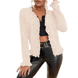 Generic Womens Cardigans Ruffle Collar Fashion Knitted Open Front Jumpers with Button Long Sleeve Tops Women Loose Ladies Knitwear Sweaters Soft Warm Short Co