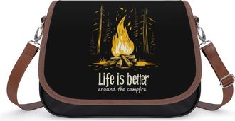 Generic Life Is Better Around The Campfire Womens Leather Crossbody Bags with Adjustable Strap Casual Printed Shoulder Handbag