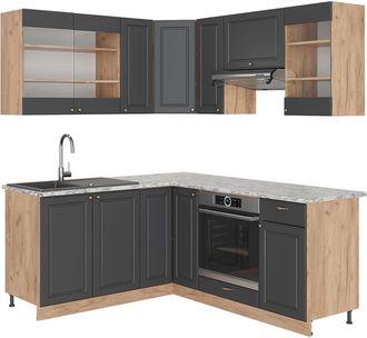 Vicco Cocina Esquinera Fame-line, Antracita Casa De Campo/roble Kraft Dorado, 160 X 60 Cm Sin Encimera