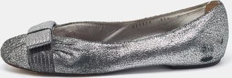 Ferragamo Metallic Silver Suede Bow Ballet Flats