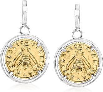Ross-Simons Italian Replica Lira Bee Coin Drop Earrings in Sterling Silver and 18kt Gold Over Sterling