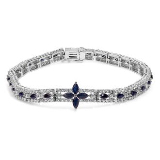 House of Brilliance Sterling Silver Dark Blue Sapphire and Topaz Marquise Floral Art Deco Link Bracelet