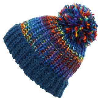 Loud Elephant Wool Knit Beanie Bobble Hat - Blue Rainbow