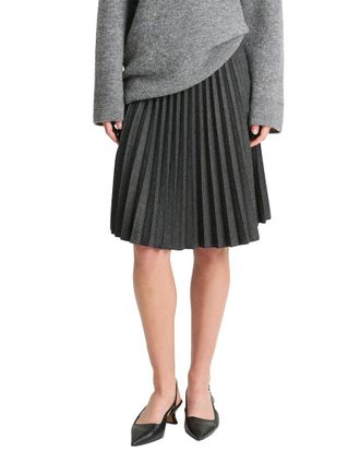 Vince Mid Rise Pleated Herringbone Wool-Blend Midi Skirt