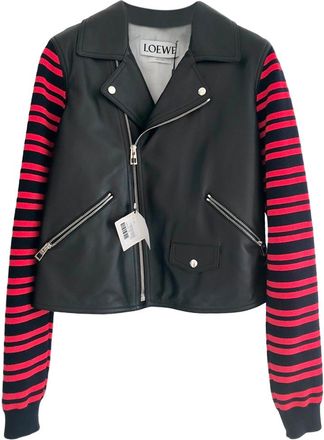 Loewe leather and striped wool-blend biker jacket Size M