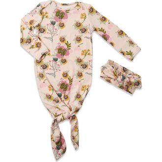 Everly Grey Long Sleeve Knotted Gown & Headwrap Set in Camellia at Nordstrom, Size 0-3M