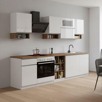 Dmora Dmora - Cocina Completa Ronnie, Cocina Pr&aacute;ctica Y Que Ahorra Espacio, Pared De Cocina Con 8 Puertas Y 1 Caj&oacute;n, 100% Made In Italy, 255x60h85 Cm, Blanc