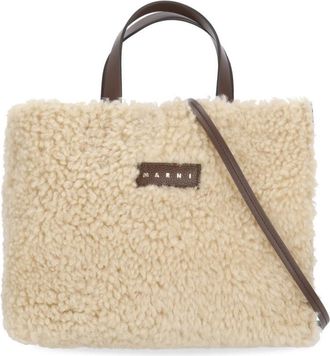 Marni Beige Fur-Front Gold Logo Leather Shoulder Bag