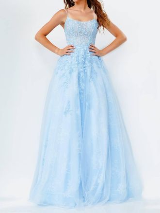 Jovani Spaghetti Strap Embroidered Prom Gown In Light Blue