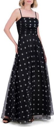 Eliza J Polka Dot Ruched Chiffon Gown in Black at Nordstrom Rack, Size 12