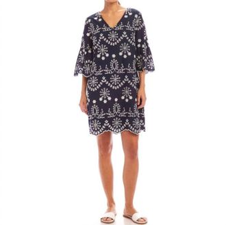 Karen Kane Flare Sleeve Embroidered Mini Dress In Navy With Off White