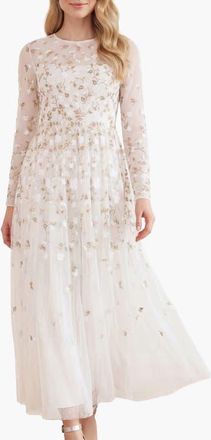 Needle & Thread Trailing Roses Long Sleeve Maxi Gown in Swan White/white at Nordstrom, Size 18