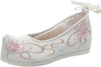 Yarnow Thick-Soled White Silk Embroidered Hanfu Shoes for Women Chinese Style Ethnic Slope-Heel Footwear with Sole for Stage Performance and Daily Wear