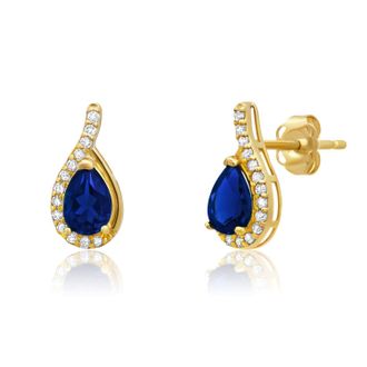 MAX + STONE 14k Yellow or White Gold Gemstone Pear Shape Drop Stud with Diamonds Accents