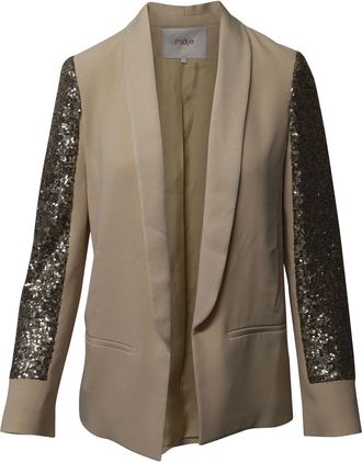 Maje Sequin Sleeve Shawl Blazer in Beige Wool
