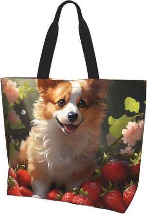 Generic Strawberry And Cute Corgi Shopping Bag Lightweight Handbag Reusable Handbags For Picnic Ladies Work