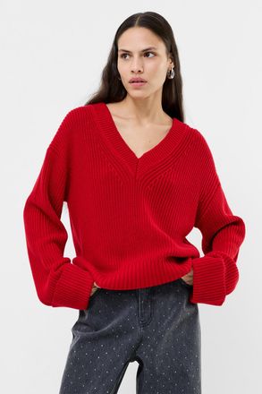 French Connection Womens Red V-Neck Textured Knit Jumper - Size Medium
