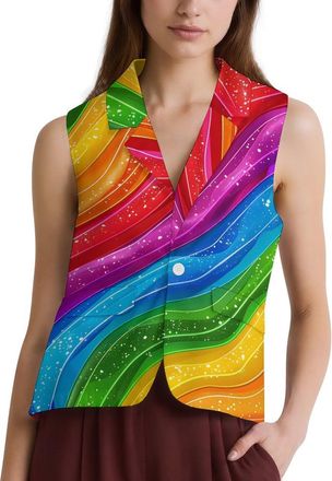 Generic Rainbow Stripes Novelty Womens Suit Vests Casual Formal Dress Vest Business Waistcoat 5XL