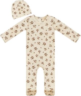Fragile Ribbed Flower Print Romper with Hat in Off White/cognac at Nordstrom, Size 9M