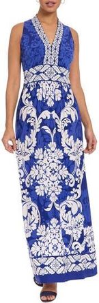 London Times Sleeveless Print Maxi Dress in Navy/Cobalt Blue at Nordstrom Rack, Size 12