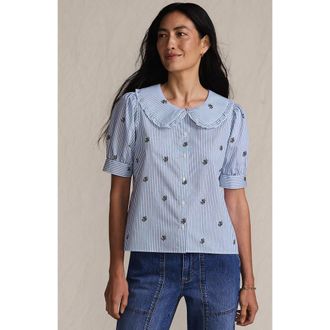 Lands End Easy Care Puff Sleeve Statement Collar Shirt in White/blue Floral Stripe at Nordstrom, Size X-Large