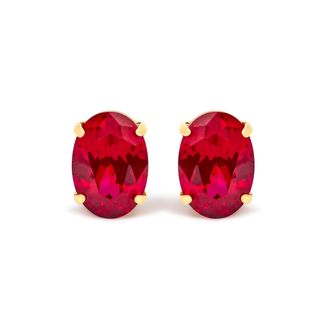 House of Brilliance 18K Yellow Gold 7x5 MM Created Oval Ruby Solitaire Stud Earrings