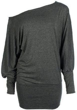 Crazy Girls Womens Long Sleeve One Off-Shoulder Plain Baggy Batwing Top UK8-24, Charcoal, 2XL (UK 20-22)