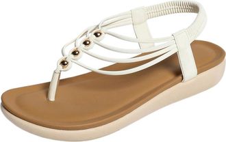 Generic Womens Summer Elastic Band Casual Flip Flop Clip Toe Flats Comfort Soft Sole Lightweight Slip On Beach Shoes Sandals (7.5,Beige)