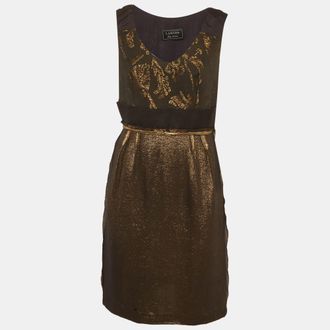 Lanvin Black/gold Metallic And Satin Sleeveless Mini Dress