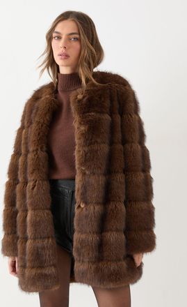 Misspap Womens Panelled Faux Fur Coat - Brown - Size 14 UK