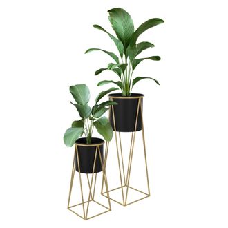 ML Design Ml-design - 2 Soportes Para Plantas De Metal Negro-dorado Macetero Pedestal 21,8x22x47cm/25x25x71cm Para Interior O Exterior Industrial Decorativo Con
