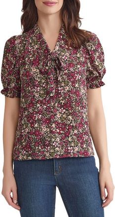 Jones New York Floral Tie Neck Puff Sleeve Top in Bordeaux Multi at Nordstrom, Size Medium P