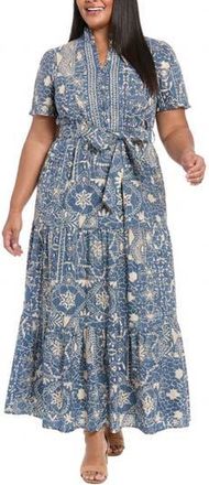 London Times Embroidered Tiered Maxi Dress in Blue/White at Nordstrom Rack, Size 16W