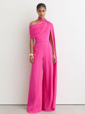 Reiss Raspberry Pink One-shoulder Drape Wide-leg Jumpsuit, 18