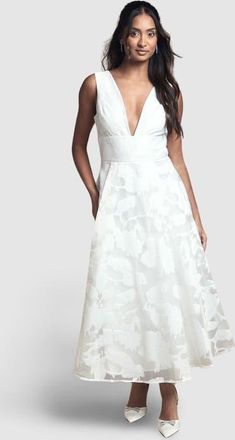 Coast Plunge V-Neck Jacquard Midi Dress in Ivory at Nordstrom, Size 10