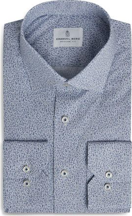 Emanuel Berg Modern Fit Floral Stretch Cotton Poplin Dress Shirt in Medium Blue at Nordstrom, Size 40